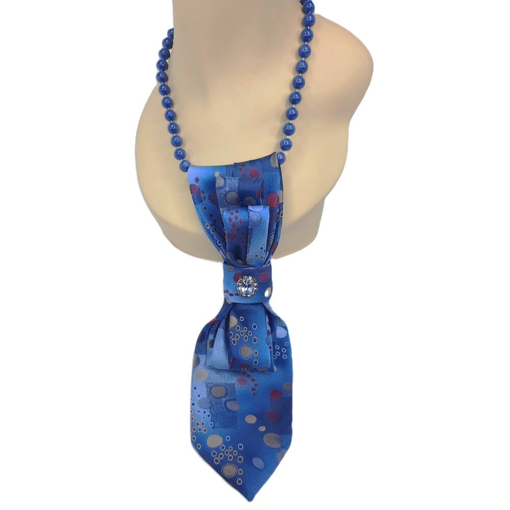 Artisan Vintage Tie Necklace Wembley Bright Blue Abstract Pendant Beaded NEW